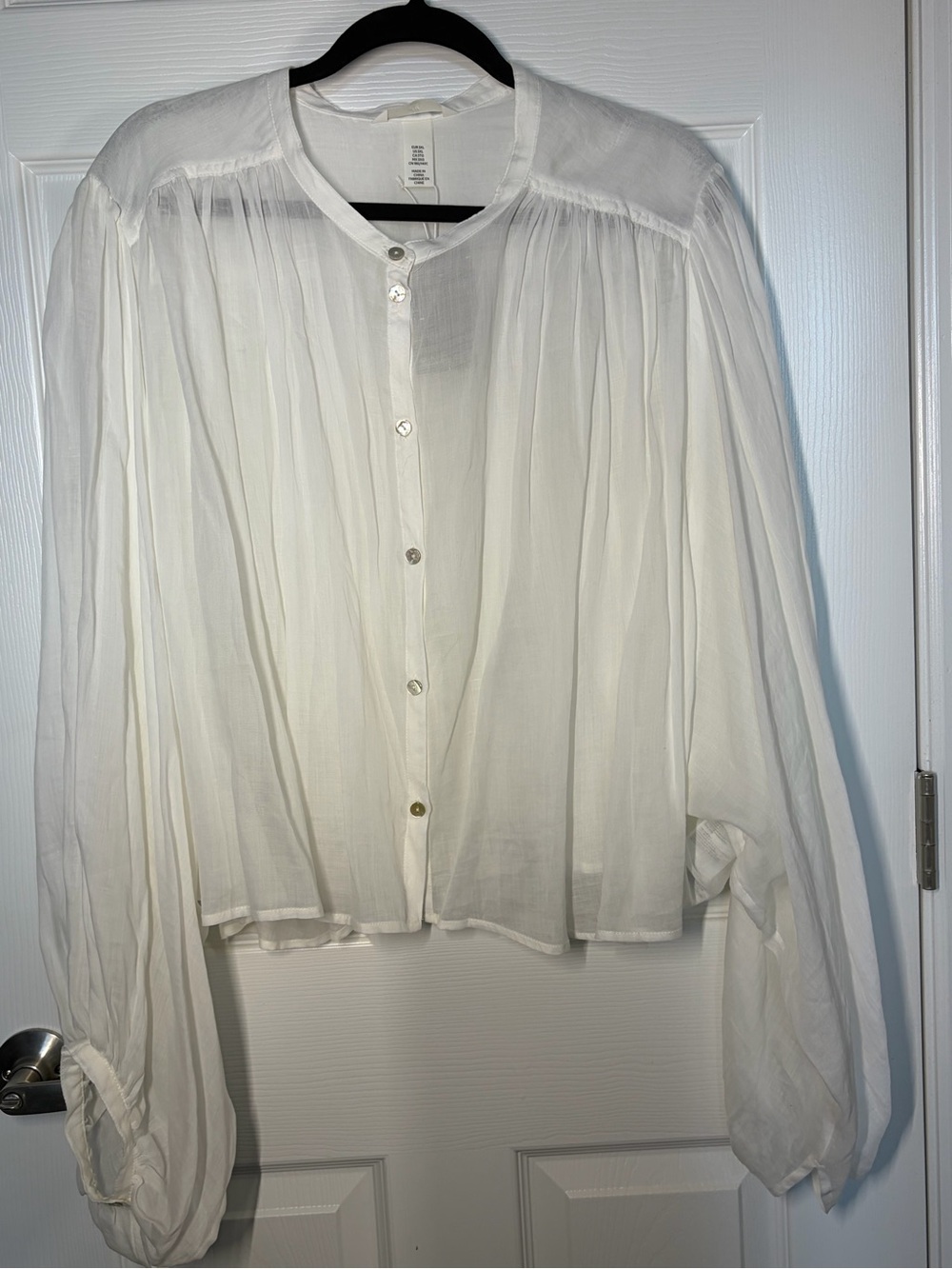 H&M White Sheer Button-Front Blouse With Voluminous Sleeves, NWT - Picture 2 of 8